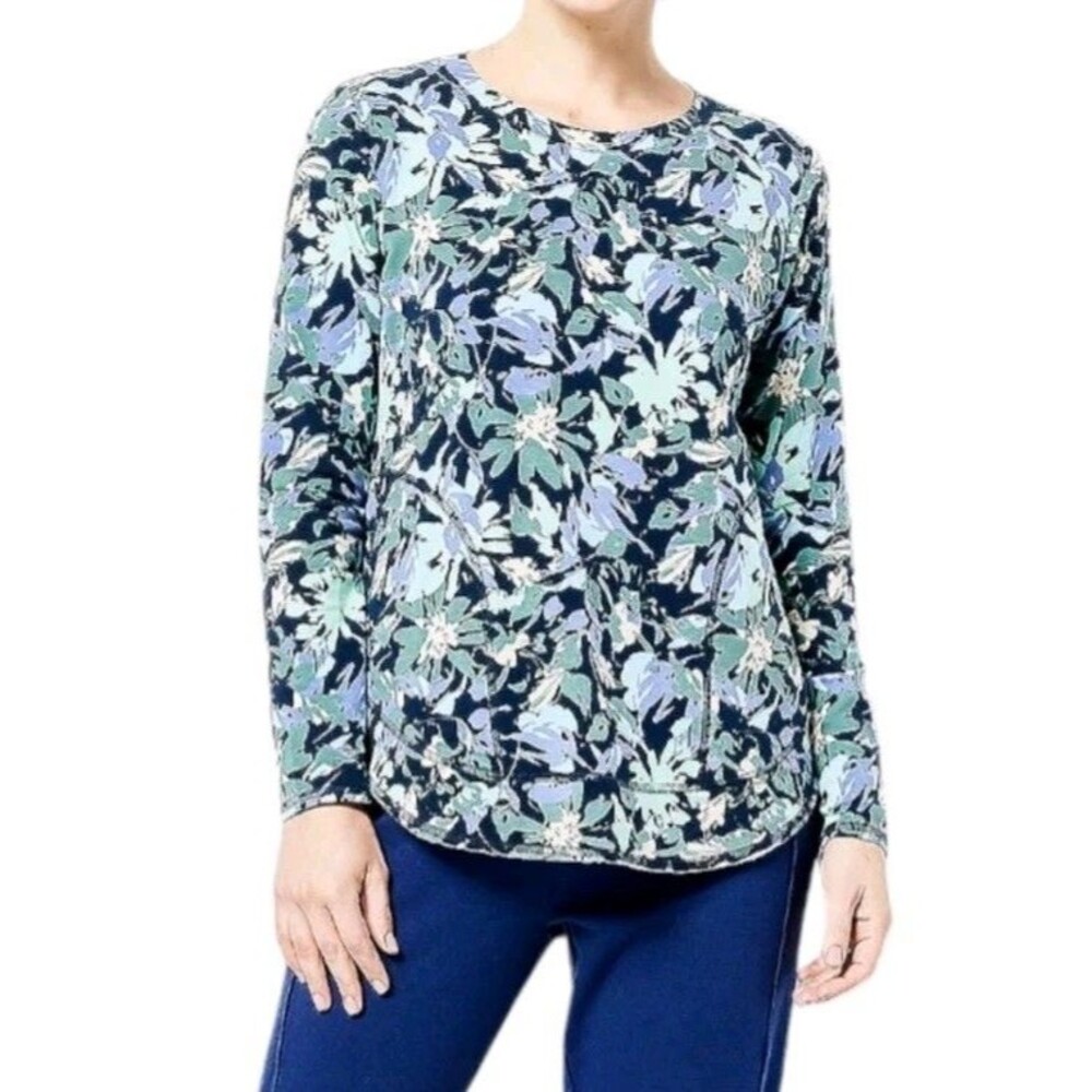 NWOT Zuda Z-Knit Curved Hem Navy Floral Long Sleeve Shirt Top Women Sz Small